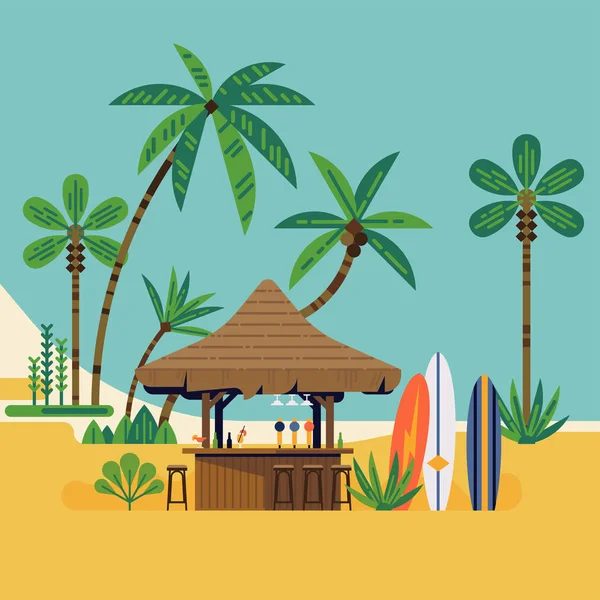 海滩酒吧周围环绕着棕榈树 — 图库矢量图片
