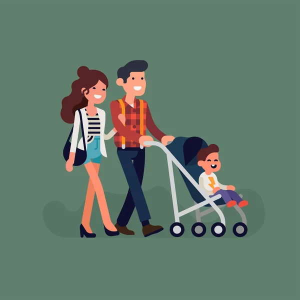 Parents with little child in stroller — Stock Vector