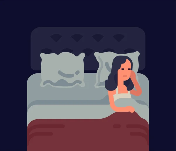 Mujer solitaria en cama doble — Vector de stock