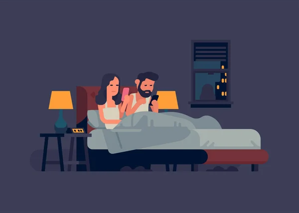 Teknologi kecanduan pasangan di tempat tidur - Stok Vektor