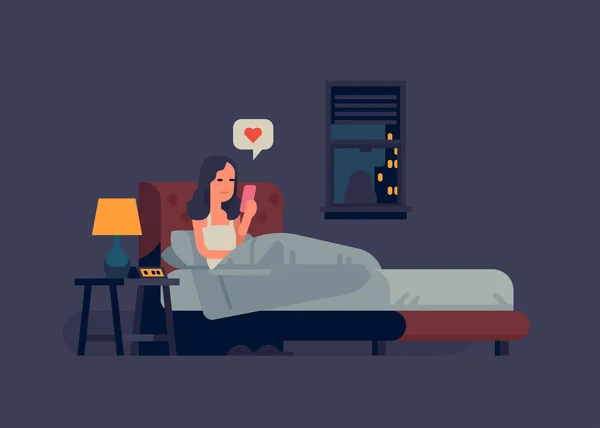 Vrouw het controleren van haar telefoon in bed — Stockvector