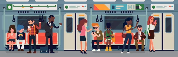 Gente en metro vagón de tren — Vector de stock