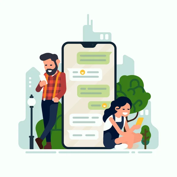 Twee personages chatten via smartphone app — Stockvector