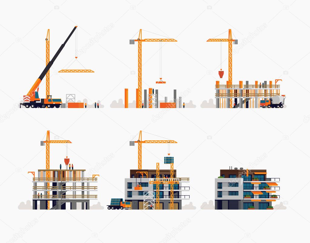 Modern residential building construction process and stages. Set of vector flat design illustration on housing unit construction site