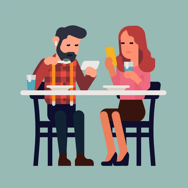 Couple avec téléphones ayant un repas — Image vectorielle