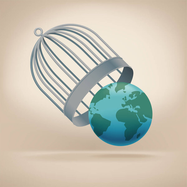 Worldwide quarantine end illustration with Earth globe being released from birdcage