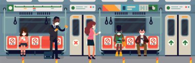 Coronavirus pandemik güvenlik önlemleri kampanyası sırasında metro yolcuları. 'Buraya oturma' etiketli yeraltı tren vagonu ve diğer sosyal uzaklık işaretleri 