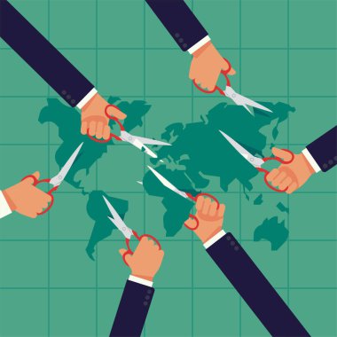 Global wealth and sphere of influence redistribution flat vector concept design. Hands with scissors tearing world apart. Transnational corporations splitting world up clipart