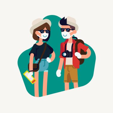 Salgın sonrası turistler için havalı düz karakter tasarımı. Rehber harita, kamera ve sırt çantası ile donatılmış koruyucu maskeler ve eldivenler takan genç erkek ve kadın gezginler. 