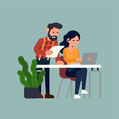 Coworkers going through document making edits. Working process concept vector illustration with two office workers interacting with each other clipart