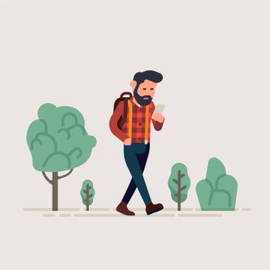 Adam yürürken telefonunu kontrol ediyor. Akıllı telefon zombi konsepti vektör çizimi. Çevresindekilere aldırış etmeyen yayaya odaklanmış.