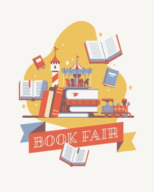 Kitap fuarı posteri, afiş ya da afiş şablonu yumuşak sınırlı renk şeması. Hatırlaması kolay. Çocuk kitapları ve edebiyat konsepti vektör illüstrasyonları kitap yığınları, atlıkarınca, peri şatosu kulesi, tren