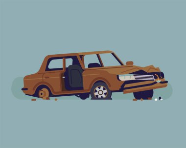 Cool vector flat style illustration on abandoned rusty old car wreckage with torn out door, dented hood, no windscreen and glass, no rear wheel clipart