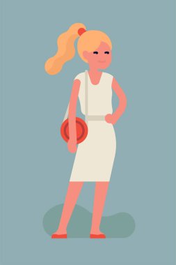 Beyaz yaz elbisesi ve kırmızı yuvarlak el çantası giyen, sarı saçlı, şık bir kadın karakterin havalı vektör çizimi.