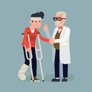 Neşeli doktor üzerindeki havalı düz vektör çizimi, bacağında alçı, kafasında da kölelik olan yaralı bir insanı koltuk değnekleriyle rahatlatıyor.