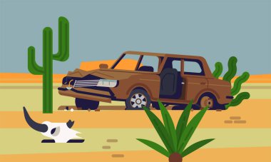 Cool vector flat style illustration on abandoned rusty old car wreckage in desert with saguaro cactus and an animal skull next to it. Hot deadly desert concept illustration clipart