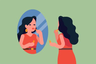 Kırmızı elbiseli çekici kadın aynada kendine bakarak makyaj yapıyor. Genç yetişkin kız hakkında düz stil vektör çizimi