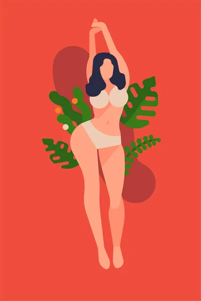 色彩艳丽的极简主义风格的载体横幅或海报模板的身体正面与抽象弯曲的女性轮廓穿着明亮的内裤 周围装饰花卉元素 — 图库矢量图片