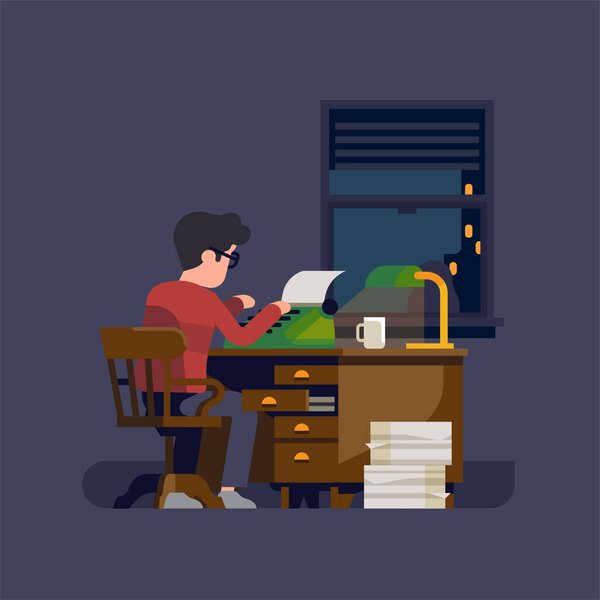 Writer or novelist at work. Flat vector illustration on man at his desk working on a typewriter writing a book or a novel