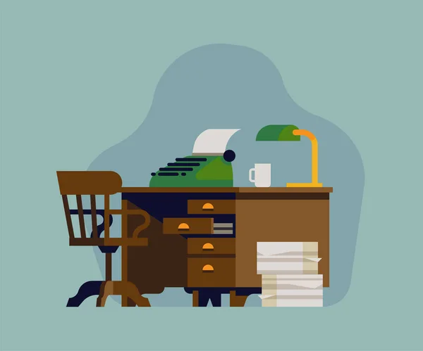 Γραφικό Γραφείο Επίπεδη Διανυσματική Απεικόνιση Παλιομοδίτικο Γραφείο Εργασίας Γραφομηχανή Επιτραπέζιο — Διανυσματικό Αρχείο