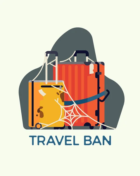 Coronavirus大流行病旅行禁令概念病媒说明 不需要的行李箱闲置了很长时间 以至于有蜘蛛网在上面 — 图库矢量图片