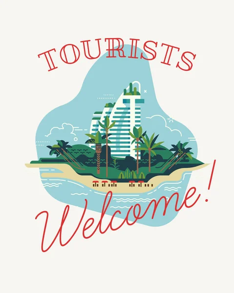 Turistler Afişleri Afişleri Veya Broşürleri Hoş Karşılar Tatil Bölgelerindeki Düz — Stok Vektör