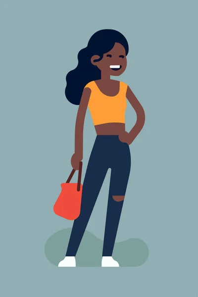 Ilustración Vector Fresco Carácter Mujer Negra Moda Con Pelo Ondulado — Vector de stock