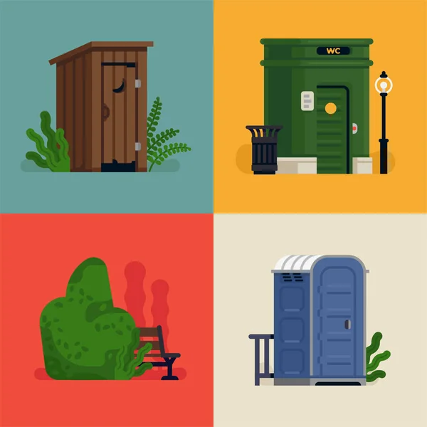 Set Flat Vector Illustration Toilets Including Wood Outhouse Plastic Portable — Stock Vector