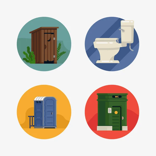 Basic Set Vector Shaped Icons Toilets Restrooms Wood Outhouse Portable — Stock Vector