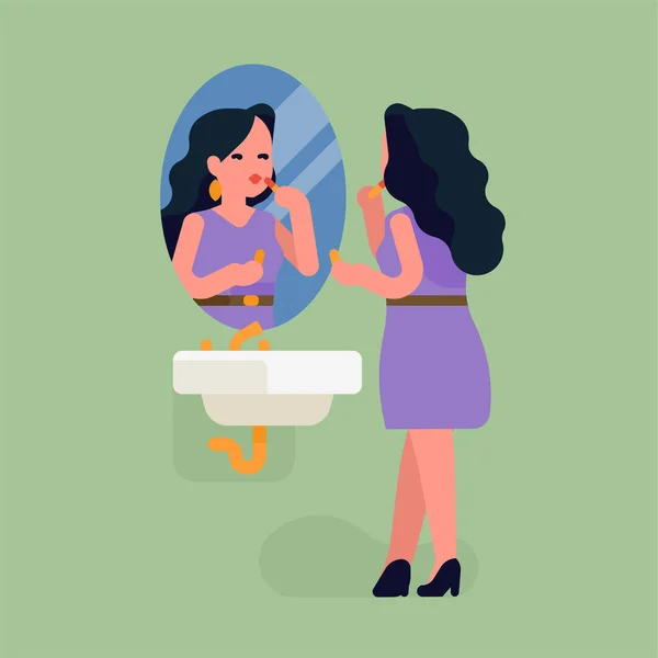 Όμορφη Γυναίκα Που Βάζει Κραγιόν Μπροστά Στον Καθρέφτη Του Μπάνιου — Διανυσματικό Αρχείο
