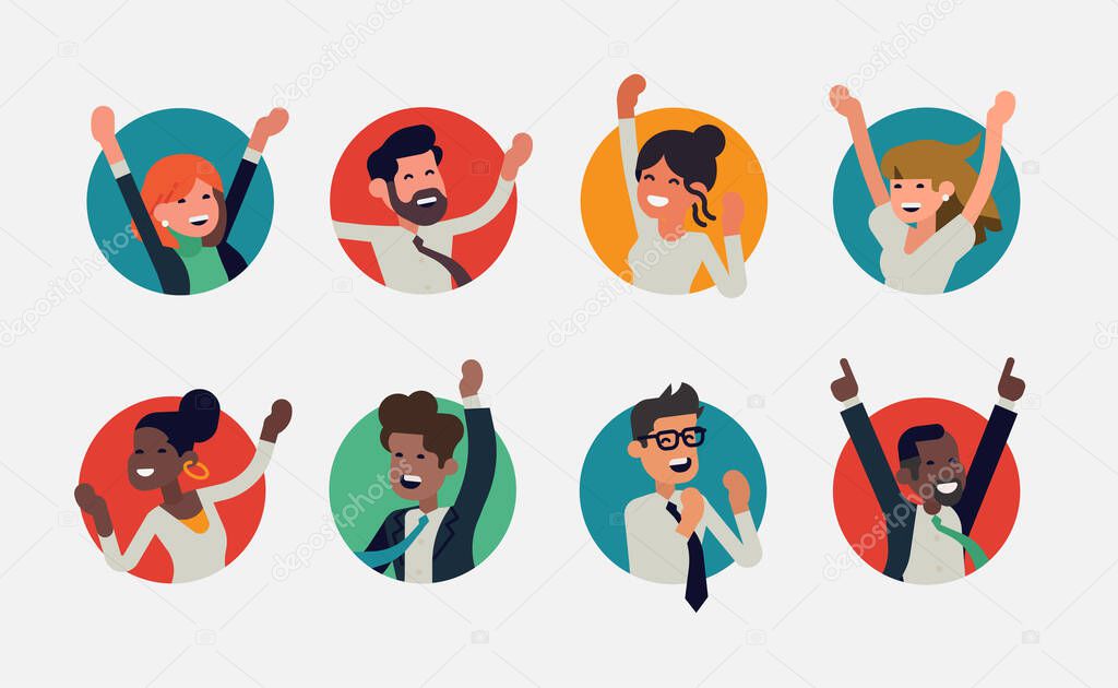 Cheerful multinational and multiracial business professionals celebrating icons.  Diverse group of business colleagues popping out of round shaped frames and windows. Flat vector winning characters