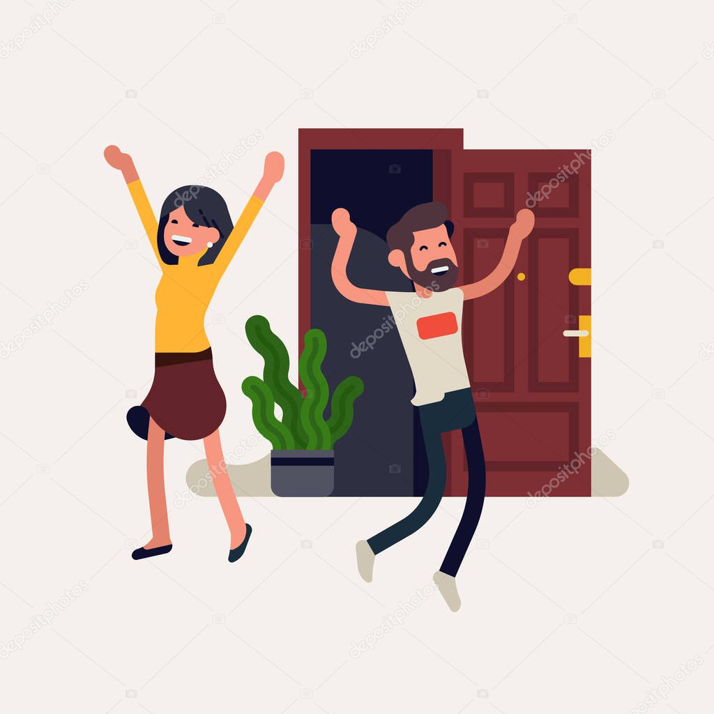 Coronavirus pandemic lockdown end concept vector illustration with open apartment door and happy people going out. Excited man and woman walks out of their home after quarantine is over