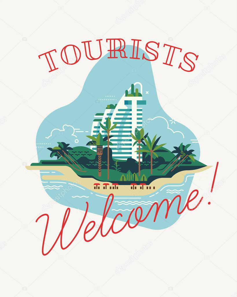 Tourists welcome poster, banner, or flyer template. Flat vector concept design on vacation destinations reopening after global coronavirus pandemic lockdown
