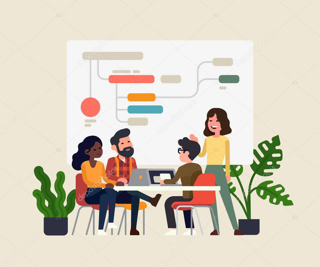 Team having a briefing discussing data shown on a large screen. Company strategy development process concept vector illustration