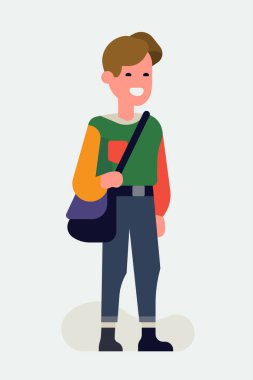 Estetik modasına uygun düz karakter tasarımı. Sıradan giyinmiş, neşeli, bin yıllık öğrenci. Ayak bileği uzunluğunda pantolon ve bol renkli süveter giyiyor.  