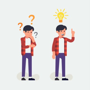 Düşünme süreci vektör tasarım elementi. Etrafı soru işaretleriyle çevrili düşünceli genç bir adam. Ve neşeli bir genç adam ampulle temsil edilen bir fikri var.