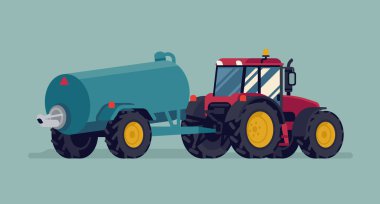 Modern four wheel drive tractor with slurry tank. Field fertilizing, liquid manure and muck spreading process vector flat style illustration. Agriculture and farming machinery clipart