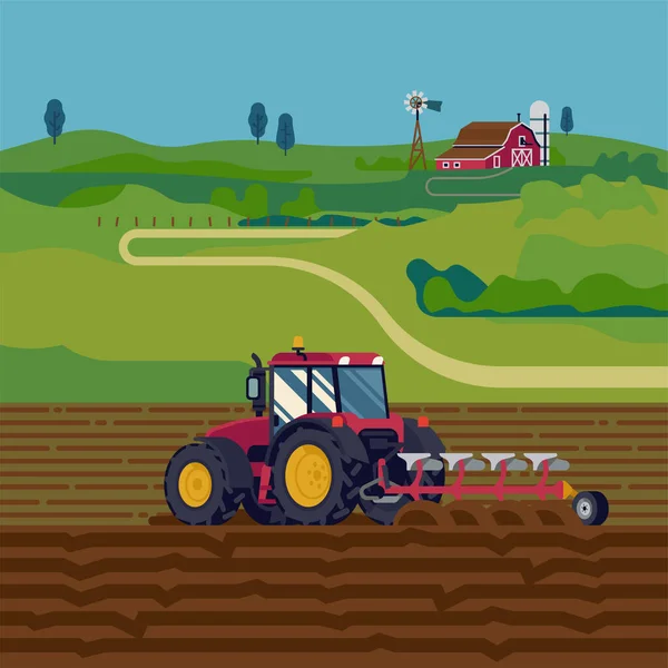 Vector Fresco Ilustración Plana Agricultura Con Tractor Arando Campo Con — Vector de stock