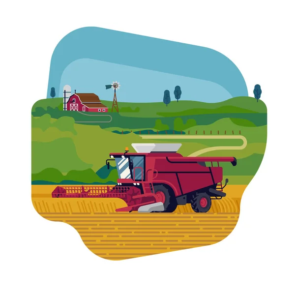背景に重い機械 赤い納屋と緑のフィールドを持つ耕地の風景 農業と農業に関する素敵なフラットデザインベクトルイラストと収穫穀物の収穫を組み合わせる — ストックベクタ
