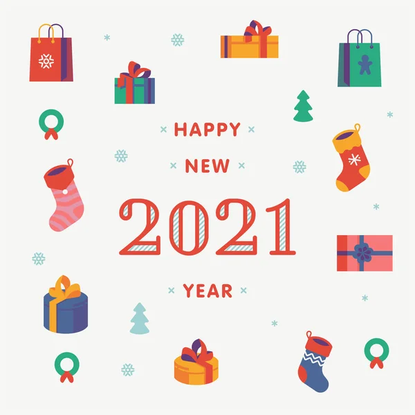 カラフルなギフトボックス バッグやパッケージ クリスマスストッキング クリスマスツリーや花輪と素敵なハッピー新年2021ミニマリストの背景 バナー カードやポスターテンプレート — ストックベクタ