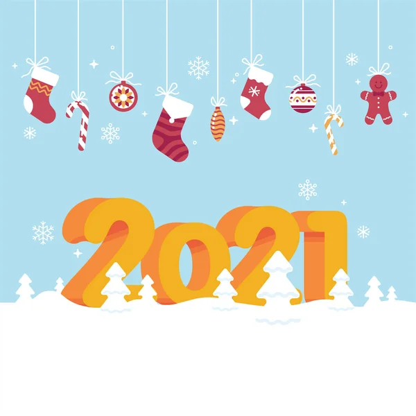 Krásný Nový Rok 2021 Blahopřání Plakát Nebo Banner Šablona Zasněžené — Stockový vektor