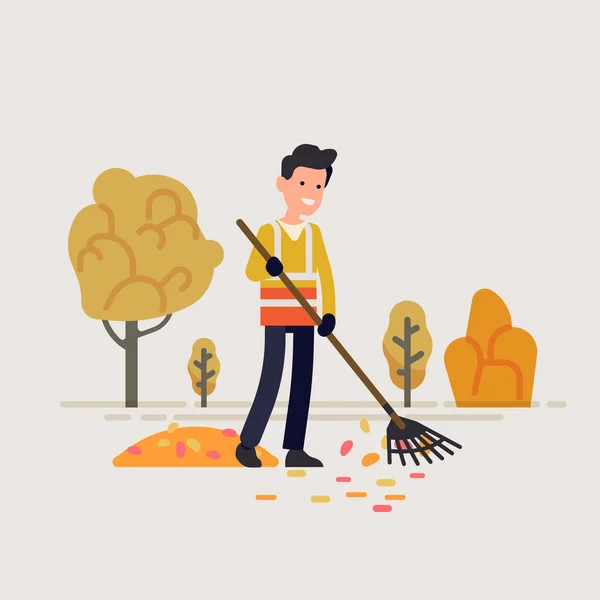 Municipal City Council Street Sweeper Taking Care Fallen Leaves Fall — Stock Vector