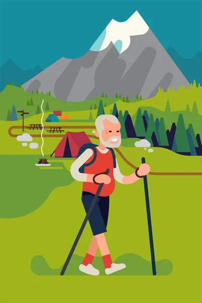 クールなフラットスタイルベクトルイラスト上の幸せな高齢者のハイキングやトレッキングで山の自然保護区 — ストックベクタ
