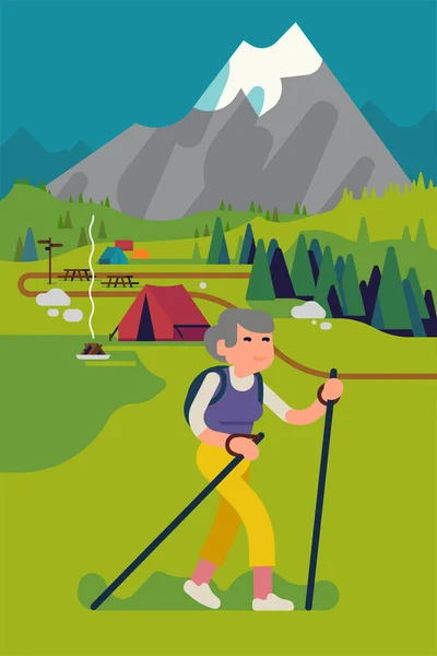Cool Flat Style Vector Illustration Happy Elderly Man Hiking Trekking — Stock Vector