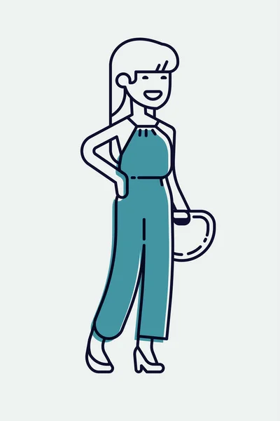 清凉的单重笔画描绘了快乐的年轻成年女学生穿着时髦的衣服 孤立无援 完全可调 可爱的线性字符设计 — 图库矢量图片