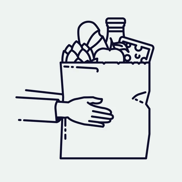 食料品店でのクールなベクトルフラットラインモノ8ストロークのコンセプトと商品や製品でいっぱいの紙ショッピングバッグを保持して手で食品配達 — ストックベクタ
