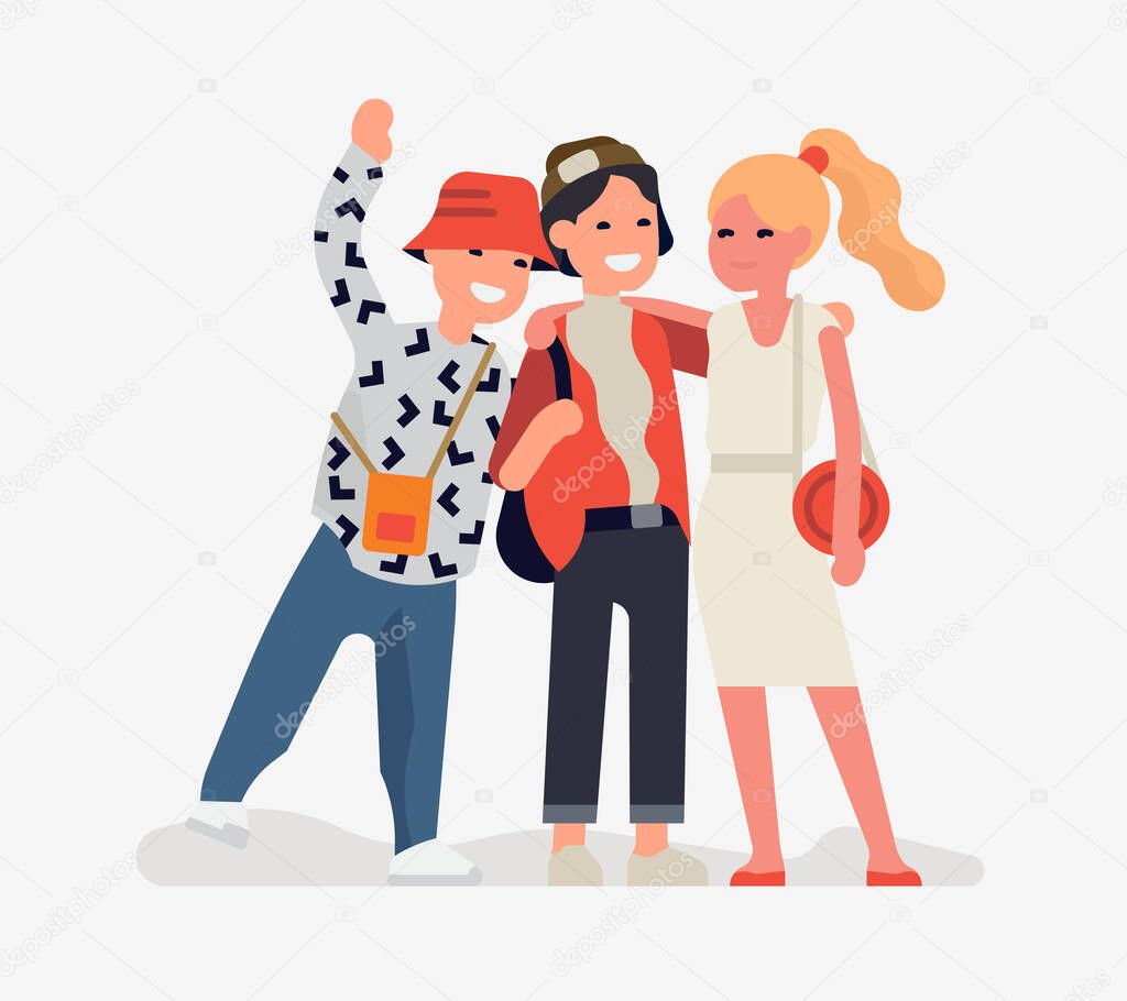 Three best friends standing together. Trendy flat style vector character design on classmates, student community and youth with young cheerful adult people holding each other