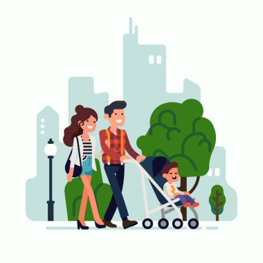Çocuğuyla birlikte bir bebek arabasıyla sokakta yürüyen mutlu yetişkin ebeveynler. Anne, baba ve küçük çocuk karakterlerle şehir konsepti vektör illüstrasyonunda ebeveynlik