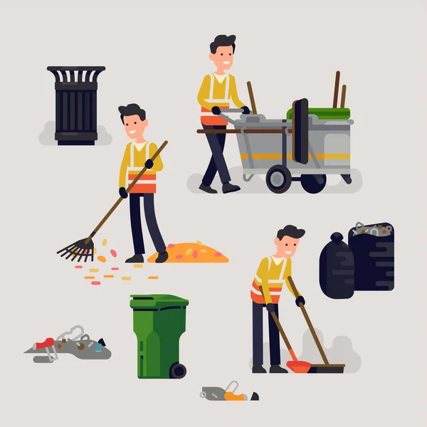 Kreativ Vektor Illustration City Street Cleaner Jobbet Trendig Platt Stil — Stock vektor