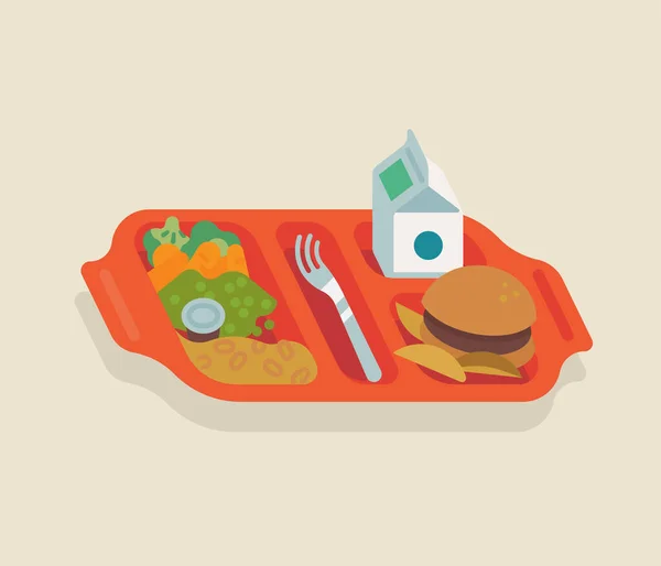 Cool flat school meal concept vector illustration with red plastic tray filled with food for school kids including milk, vegetables, fries and hamburger — Stock Illustration Cool Flat School Meal Concept Vector Illustration Red Plastic Tray Vector Graphics
